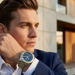 Professional man wearing Hugo Boss Intensity 1513667 with blue dial and silver gold metal strap water resistant 50m
