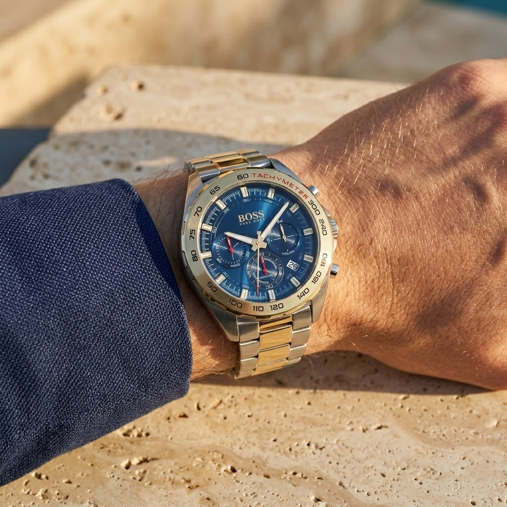 Close up of Hugo Boss Intensity 1513667 on wrist showing blue dial and two-tone metal strap with 50m water resistance