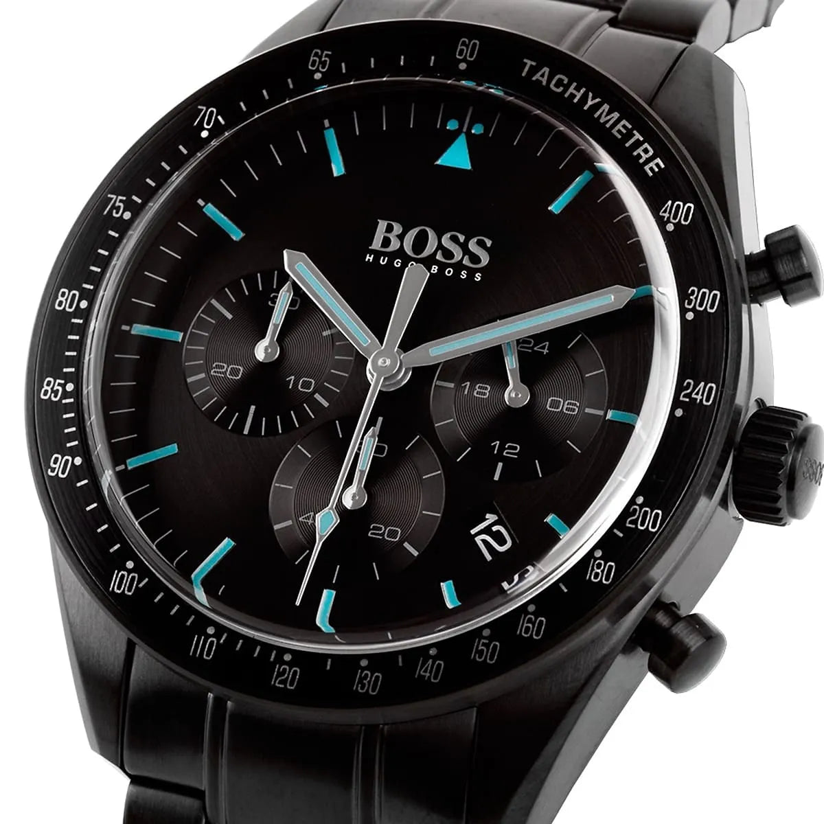 Right angled view of Hugo Boss Trophy 1513675 highlighting black dial and black tachymeter bezel 50m water resistance