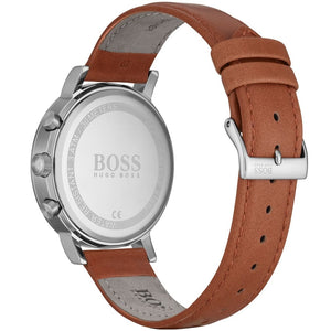 Caseback of Hugo Boss Spirit 1513689 showing technical specs blue dial and brown leather strap 30m water resistance
