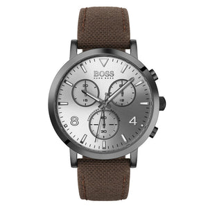 Hugo Boss Spirit 1513690 men's watch with silver sunray dial, grey case, brown textile strap, and 30m water resistance main view