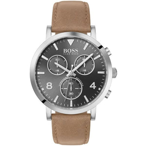 Hugo Boss Spirit 1513691 men's watch with gray sunray dial, brown leather strap, and 30m water resistance main view