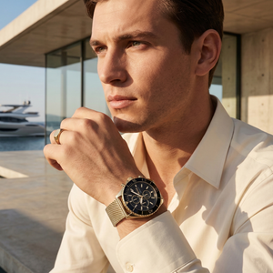 Professional leader wearing Hugo Boss Ocean Edition 1513703 with black dial and gold metal mesh strap water resistant 100m