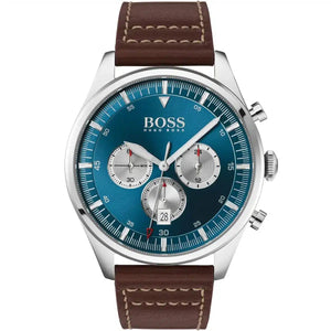 Hugo Boss Pioneer 1513709 men's chronograph watch with silver case, blue dial, and brown leather strap