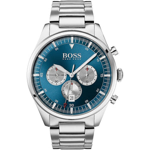 Hugo Boss Pioneer 1513713 men's watch with blue dial, silver metal link strap, and 50m water resistance main view