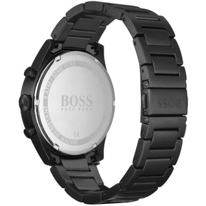 Angled raw photo of Boss Pioneer 1513714 showing polished black case and texture of internal bezel from Luxury Hub Store.