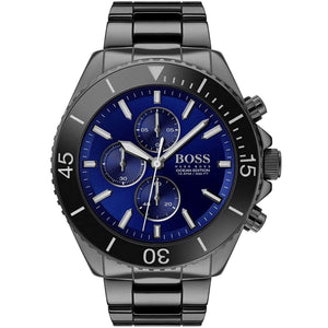 Hugo Boss Ocean Edition 1513743 men's watch with blue dial, black metal strap, and 100m water resistance main view