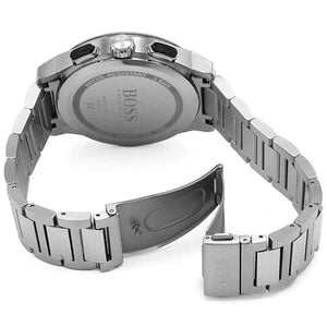 Silver-tone deployment clasp on Hugo Boss Peak 1513762 men's quartz battery silver link bracelet watch
