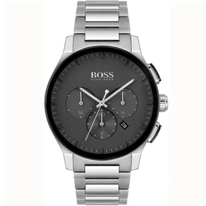 Hugo Boss Peak 1513762 men's quartz battery watch with charcoal Black dial, silver-tone chronograph sub-dials, silver stainless steel case and bracelet main view