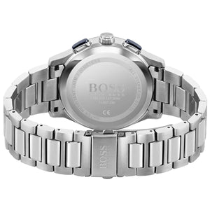 Caseback of Hugo Boss Peak 1513763 showing technical specs blue dial and silver metal strap 50m water resistance