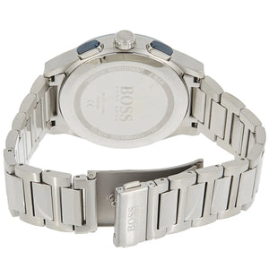 Silver metal deployment clasp on Hugo Boss Peak 1513763 blue dial watch water resistant 50m