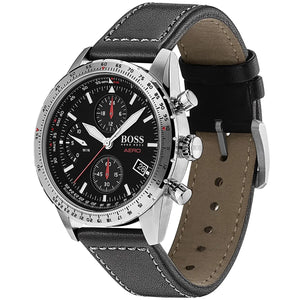 Right angled view of Hugo Boss Aero 1513770 highlighting black dial and silver case 50m water resistance