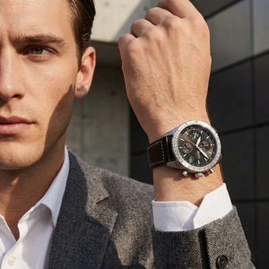Professional man wearing Hugo Boss Aero 1513770 with black dial and silver case leather strap water resistant 50m