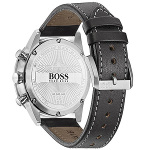 Caseback of Hugo Boss Aero 1513770 showing technical specs black dial and leather strap 50m water resistance