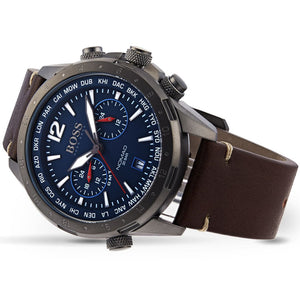 Angled view of Hugo Boss 1513773 highlighting the matte gray finish and the deep blue dial