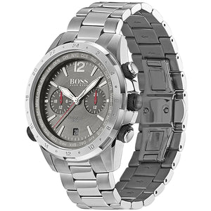 Left angled view of Hugo Boss Nomad 1513774 showing gray sunray dial detail and silver link bracelet water resistant 50m