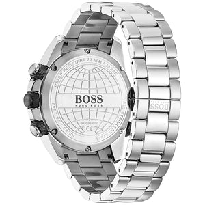 Caseback of Hugo Boss Nomad 1513774 showing technical specs gray dial and silver metal strap 50m water resistance
