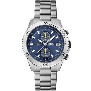 Hugo Boss Vela 1513775 men's watch with blue sunray dial, silver metal link strap, and 50m water resistance main view