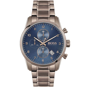 Hugo Boss Skymaster 1513788 men's watch with blue dial, brown metal link strap, and 50m water resistance main view