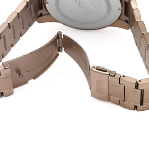 Brown metal deployment clasp on Hugo Boss Skymaster 1513788 blue dial watch water resistant 50m