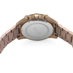 Caseback of Hugo Boss Skymaster 1513788 showing technical specs blue dial and brown metal strap 50m water resistance