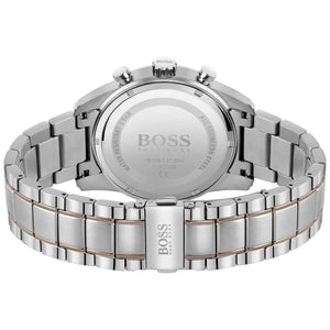 Caseback of Hugo Boss Skymaster 1513789 showing technical specs gray dial and two-tone metal strap 50m water resistance