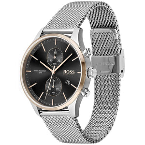 Left angled view of Hugo Boss Associate 1513805 showing black dial detail and silver mesh bracelet water resistant 50m