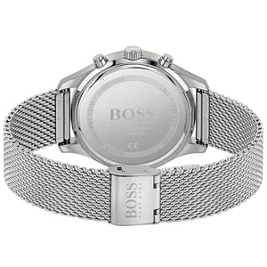 Caseback of Hugo Boss Associate 1513805 showing technical specs black dial and silver metal strap 50m water resistance