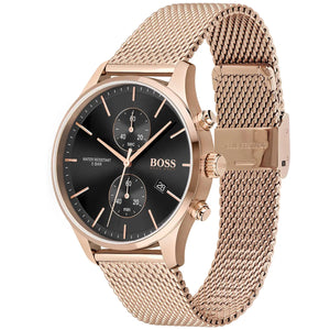 Left angled view of Hugo Boss Associate 1513806 showing black dial detail and rose gold mesh bracelet water resistant 50m