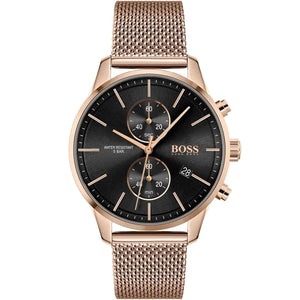 Hugo Boss Associate 1513806 men's watch with black dial, rose gold metal mesh strap, and 50m water resistance main view