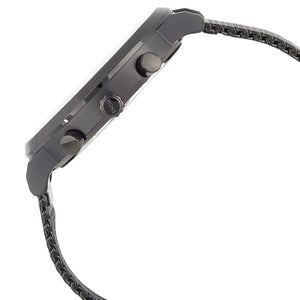 Close-up of a gray watch with a detailed band on a white background