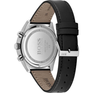 Caseback of Hugo Boss Champion 1513816 showing technical specs (10 BAR / 328FT) and leather strap 100m water resistance