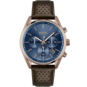 Hugo Boss Champion 1513817 men's watch with blue sunray dial, rose gold-tone case, brown perforated leather strap, and 100m water resistance main view