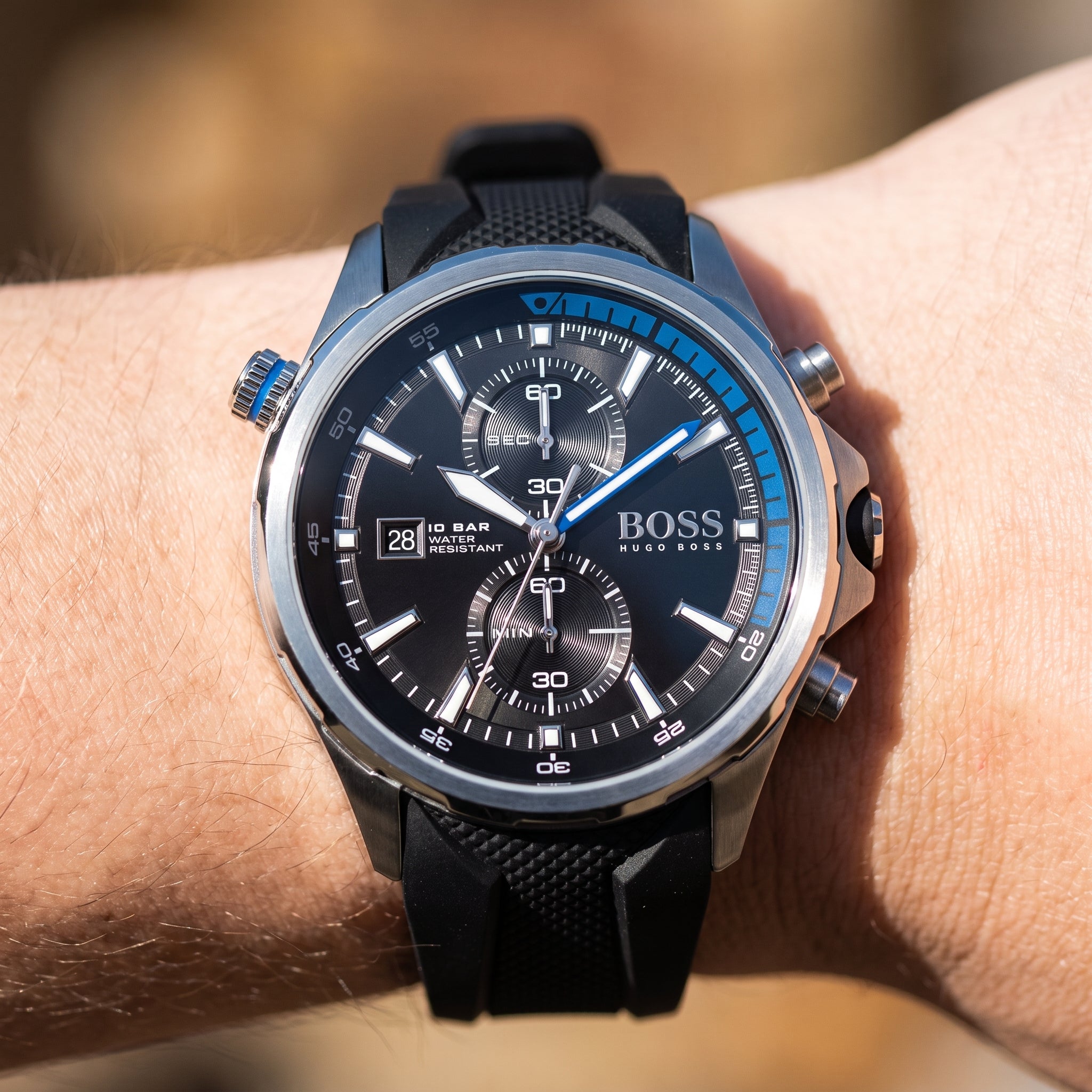 Live wrist shot of Hugo Boss Globetrotter 1513820 men's watch.