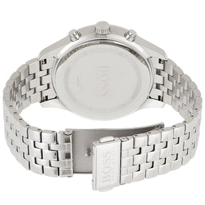 Photo of the Boss branded deployment clasp on the silver stainless steel bracelet from Luxury Hub Store