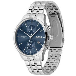 Angled real-life photo of Boss Associate 1513839 showing the texture of the bezel, crown, pushers, and side profile from Luxury Hub Store