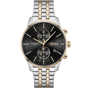 Hugo Boss Associate 1513840 men's watch with black dial, two-tone metal strap, and 50m water resistance main view