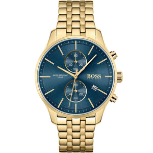 Front view of Hugo Boss Associate 1513841 men's watch with blue dial and gold stainless steel bracelet.