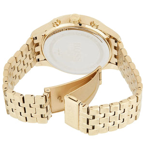 Close-up view of the clasp of the Hugo Boss Associate 1513841 gold stainless steel bracelet watch.