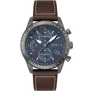 Hugo Boss Pilot Edition Chrono 1513852 men's watch with blue dial, technical flight bezel, brown leather strap, and 50m water resistance main view