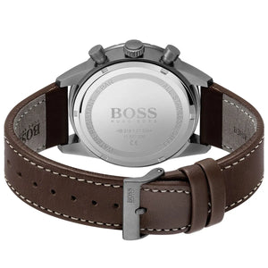 Caseback of Hugo Boss Pilot Edition 1513852 showing technical flight specs blue dial and leather strap 50m water resistance