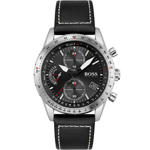 Hugo Boss Pilot Edition 1513853 men's watch with black sunray dial, silver stainless steel case, black leather strap with white stitching, and 50m water resistance main view
