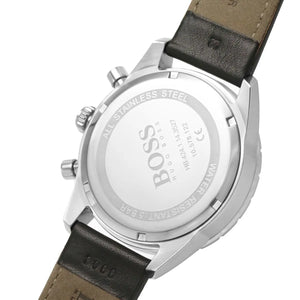 Caseback of Hugo Boss Pilot Edition 1513853 showing technical specs black dial and leather strap 50m water resistance