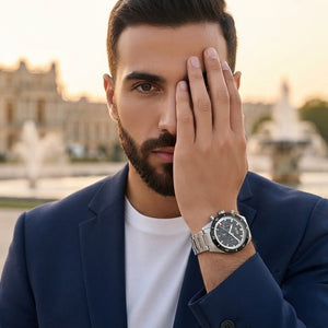 Lifestyle luxury shot featuring Hugo Boss Santiago 1513862 men's watch.