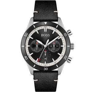 Hugo Boss Santiago 1513864 men's watch with black sunray dial, silver case with black bezel, black leather strap, and 50m water resistance main view