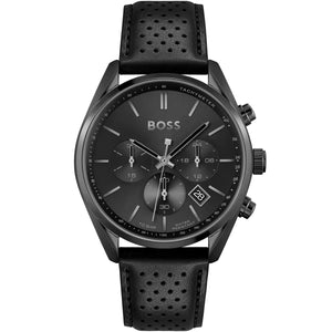 Hugo Boss Champion 1513880 men's watch with black sunray dial, black matte case, black perforated leather strap, and 100m water resistance main view