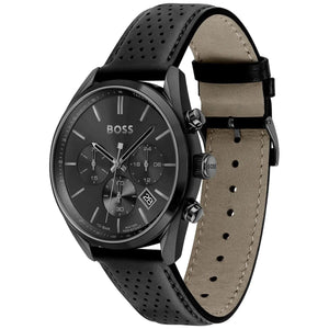 Left angled view of Hugo Boss Champion 1513880 showing black sunray dial detail and black leather strap 100m water resistance