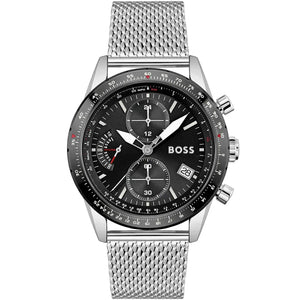 Hugo Boss Pilot Edition 1513886 men's watch with black dial, silver metal mesh strap, and 50m water resistance main view