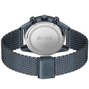 Caseback of Hugo Boss Pilot Edition 1513887 showing technical specs blue dial and blue metal strap 50m water resistance