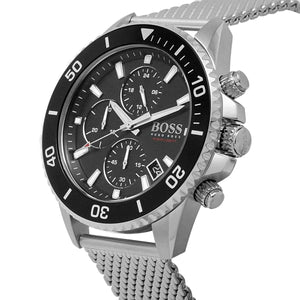 Left angled view of Hugo Boss Admiral 1513904 men's quartz battery watch showing silver mesh strap and stealth silver case profile